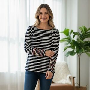 Talbots Nautical Striped Boatneck Top Floral Embroidered Cuffs M Coastal Grandma